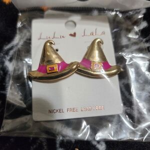 Gold and Pink Witch Hat Earrings